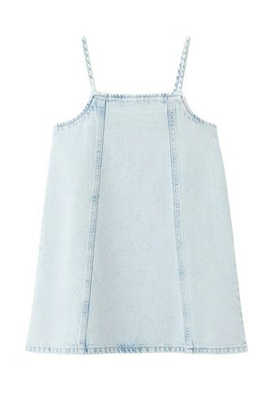 Svijetloplava traper haljina bez rukava s tankim naramenicama i vertikalnim šavovima sprijeda.