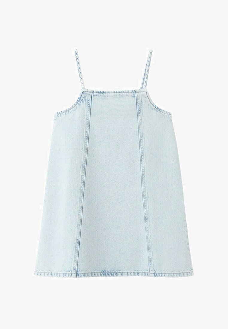 Robe sans manches en denim bleu clair avec de fines bretelles et des détails de coutures verticales sur le devant.