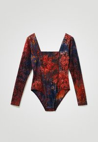 Body à manches longues avec un motif en dentelle multicolore aux teintes rouges, bleues et orange, doté d'un col carré et d'une coupe ajustée.