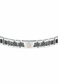 Bracciale in metallo con link alternati in argento lucido e grigio texturizzato, dotato di una chiusura centrale metallica con un emblema in oro rosa.