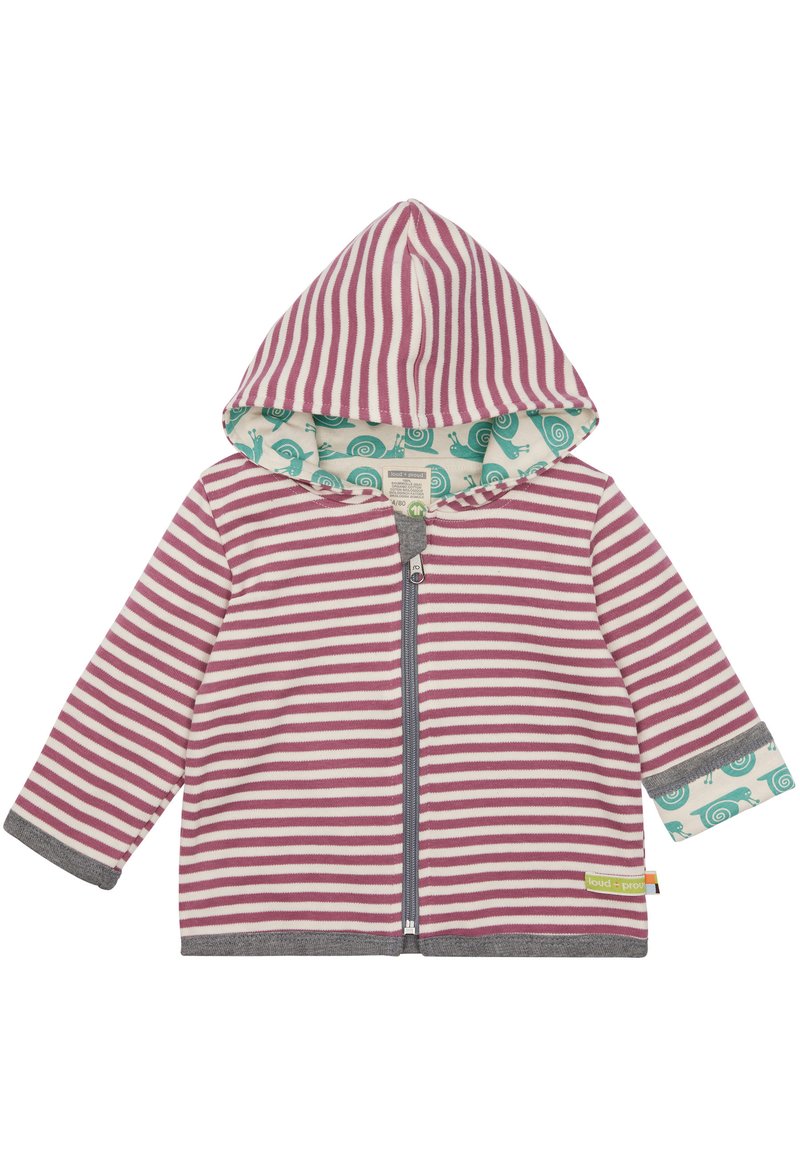 Felpa con zip a righe in malva e bianco, con un rivestimento interno a motivo di lumache color teal. Presenta un orlo e maniche grigie per un contrasto.
