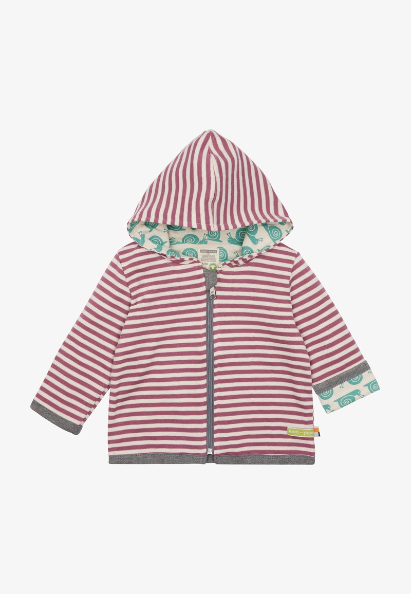 Felpa con zip a righe in malva e bianco, con un rivestimento interno a motivo di lumache color teal. Presenta un orlo e maniche grigie per un contrasto.