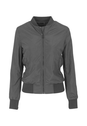 Graue Bomberjacke aus leichtem Stoff, mit durchgehendem Reißverschluss, gerippten Bündchen und Saum sowie gerafften Seitendetails zur Anpassung der Passform.