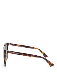 Lunettes de soleil en écaille de tortue avec une monture rectangulaire, portant une inscription dorée sur les branches, et une finition brillante avec des verres ronds.