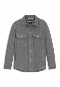 Gray herringbone-patterned jacket made of wool blend fabric; features a collar, front button closure, two chest pockets, and side pockets.