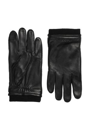 Pair of black leather gloves with ribbed knit cuffs, one showing palm and the other showing back with subtle brand embossing.