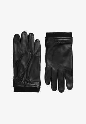 Pair of black leather gloves with ribbed knit cuffs, one showing palm and the other showing back with subtle brand embossing.