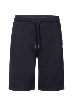 Schwarze knielange Shorts mit elastischem Bund und Kordelzug, mit kleinem weißem Logo am rechten Oberschenkel.