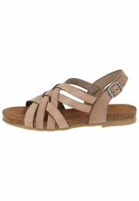 Beige leren sandaal met kruislings georiënteerde bandjes, een kurken voetbed en een bakelieten enkelband. Platte zool met een gestructureerd, antislipoppervlak.