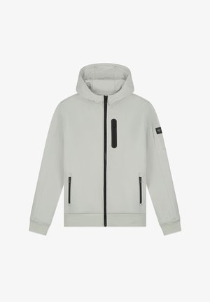 Lichtgrijze hoodie-jack gemaakt van gladde stof; heeft een frontale rits, twee zijritsen en een borstzak met een zwarte rits.
