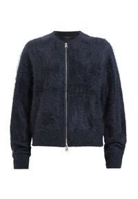 Marineblaue Bomberjacke aus weichem, strukturiertem Stoff mit einem Frontreißverschluss, gerippten Bündchen und einem runden Halsausschnitt.
