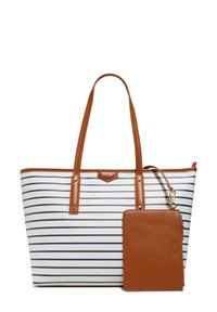 Striped tote bag in white and navy, featuring brown leather handles and a detachable matching pouch. Sleek design, with textured surface accents.