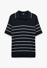 Navyblaues, geripptes Poloshirt mit weißen horizontalen Streifen, kurzen Ärmeln und Kragen. Hergestellt aus einem weichen, strukturierten Stoff mit schmaler Passform.