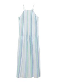 Abito estivo senza maniche, lungo, con sottili spalline, caratterizzato da strisce verticali blu, verdi e bianche e una vita arricciata.