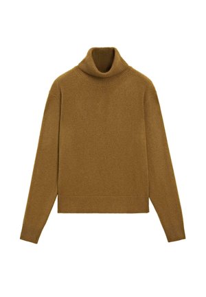 Brown turtleneck sweater made of soft knit material. Features a relaxed fit, ribbed collar, and cuffs. Smooth texture with no visible patterns.