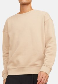 Felpa beige realizzata in tessuto morbido, con collo rotondo, spalle cadute e polsini e orlo a costine per un fit rilassato.