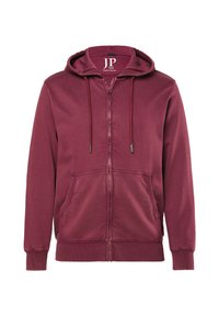 Sudadera con capucha color granate con cremallera frontal, dos bolsillos laterales, cordones ajustables y puños y dobladillo acanalados. Textura suave.