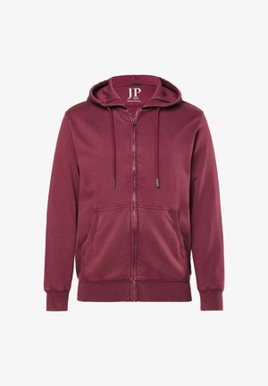 Bordowa bluza z zamkiem błyskawicznym z przodu, dwiema bocznymi kieszeniami, regulowanymi sznurkami oraz prążkowanymi mankietami i dołem. Gładka faktura.