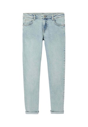 Jean slim bleu clair avec revers roulés, fermeture avant par boutons et zip, et design standard à cinq poches.