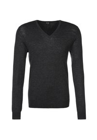 Pull à manches longues pour homme, col en V, gris foncé, avec ourlet et poignets côtelés, tissu tricoté uni.