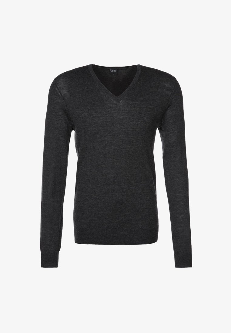 Pull à manches longues pour homme, col en V, gris foncé, avec ourlet et poignets côtelés, tissu tricoté uni.