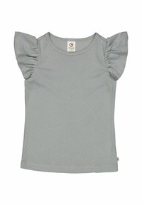 Světlé šedé tričko s krátkým rukávem a volánkovými ramenními detaily, vyrobené z texturované látky, s kulatým výstřihem a štítkem na zadní straně.