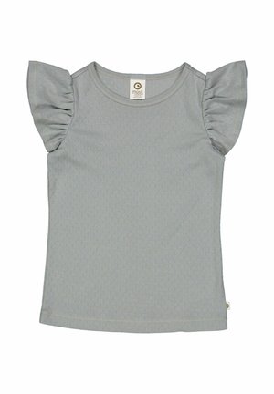 Hellgraues kurzärmliges Shirt mit Rüschendetails an den Schultern, aus strukturiertem Stoff, mit einem runden Ausschnitt und einem Etikett auf der Rückseite.