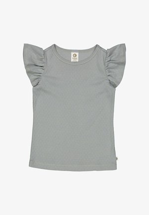 Maglietta grigia chiaro a maniche corte con riflessi a volant sulle spalle, realizzata in tessuto texturizzato, con scollatura rotonda e un'etichetta sul retro.