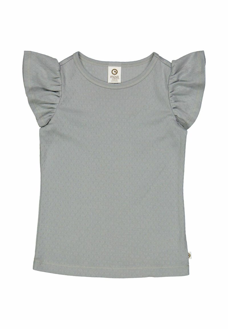 Světlé šedé tričko s krátkým rukávem a volánkovými ramenními detaily, vyrobené z texturované látky, s kulatým v�ýstřihem a štítkem na zadní straně.