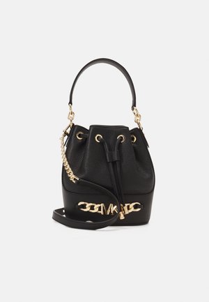 Black leather bucket bag with a drawstring closure, gold hardware accents, a short handle, and a detachable chain strap.