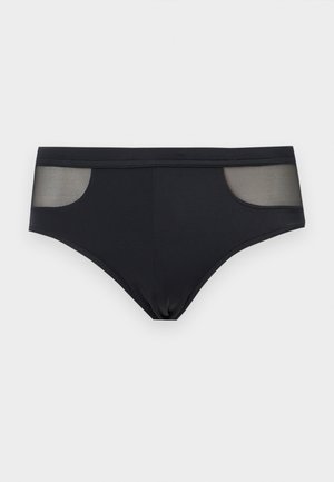 Black bikini-style underwear with sheer mesh panels on each side, displayed flat on a light gray background.
