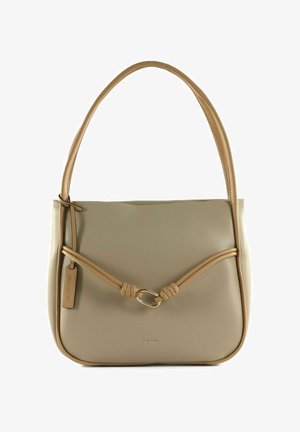 Borsa a tracolla in pelle beige con rifiniture color cuoio, tracolla singola, cinturino decorativo annodato con anello ovale dorato e targhetta con marchio su un lato.