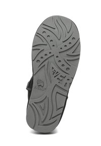 Black sandal sole with a textured gray rubber pattern, featuring grooves and dots for grip, and branded with "EVERAU."