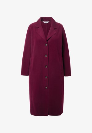 Cappotto di lana bordeaux con colletto a trust, maniche lunghe, sei bottoni frontali e tasche laterali. Texture liscia con un taglio fino al ginocchio.