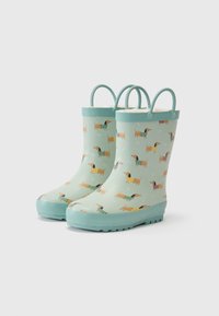 Botas de lluvia de goma azul claro con un divertido patrón de perros ilustrados en varios colores y estilos. Suela con agarre elevado y asas dobles.