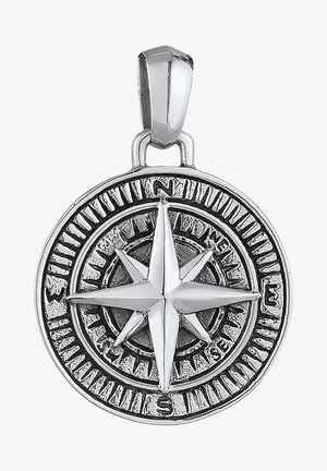 Pendentif boussole rond en argent avec étoile à huit branches en relief, directions cardinales indiquées et bélière polie pour accrocher à une chaîne.