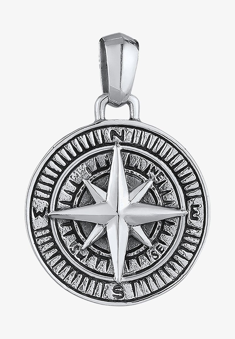 Pendentif boussole rond en argent avec étoile à huit branches en relief, directions cardinales indiquées et bélière polie pour accrocher à une chaîne.