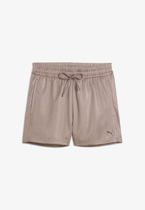 Bēša elastīga jostasvietas šorti ar auklu, sānu kabatām, smalkām vertikālām svītrām un Puma logotipu uz kreisās kājas.