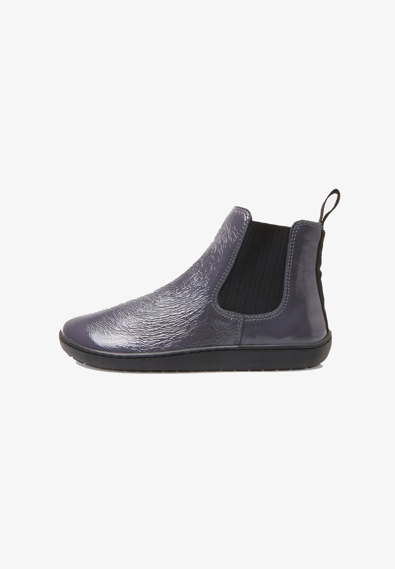 Grey chelsea boots with textured glossy upper, elastic side panels, pull tab, and black rubber sole. Minimalist design with smooth finish.