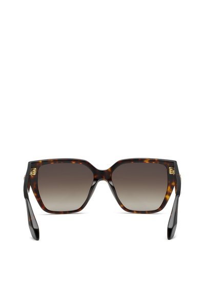Lunettes de soleil carrées en écaille avec verres dégradés foncés et branches épaisses, vues de face sur fond blanc.