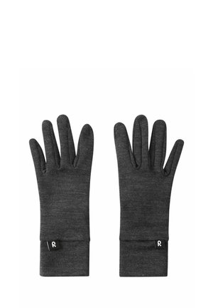 Pair of dark gray knit gloves with wrist cuffs laid flat, showing front and back sides, each with a small black tag on the cuff.