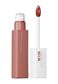 Rouge à lèvres liquide mat dans une teinte rose. Tube carré en métal rose avec un capuchon d'applicateur blanc et un applicateur en forme d'oiseau pour une application précise.