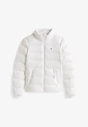 White puffer jacket with zip closure, high neck, two front zip pockets, and elastic cuffs. Features horizontal quilting for warmth.