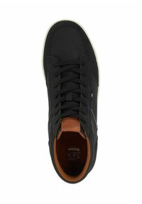 Black leather sneaker with a tan accent on the tongue, white sole, and designed with laces and a textured finish.