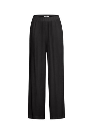 Zwarte wijde broek met een elastische tailleband, gemaakt van lichte stof, met een gladde textuur en zonder zichtbare patronen of accenten.
