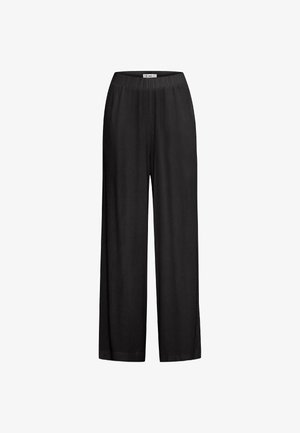 Zwarte wijde broek met een elastische tailleband, gemaakt van lichte stof, met een gladde textuur en zonder zichtbare patronen of accenten.