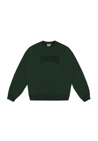 Zielona bluza z okrągłym dekoltem, długimi rękawami, prążkowanymi mankietami i dołem, z teksturowanym logo "PROSTO" z przodu.