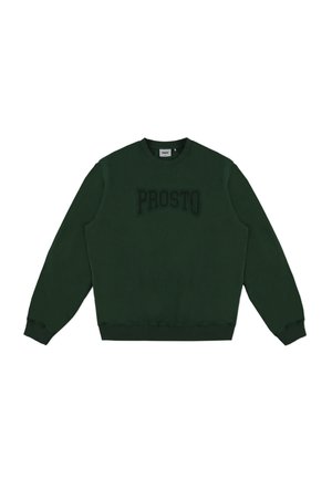 Zielona bluza z okrągłym dekoltem, długimi rękawami, prążkowanymi mankietami i dołem, z teksturowanym logo "PROSTO" z przodu.
