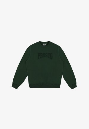 Zielona bluza z okrągłym dekoltem, długimi rękawami, prążkowanymi mankietami i dołem, z teksturowanym logo "PROSTO" z przodu.