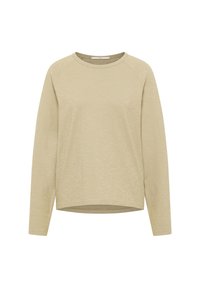 Beige langärmliges T-Shirt aus Bio-Baumwolle mit Rundhalsausschnitt, Raglanärmeln und einem leicht abgerundeten Saum.
